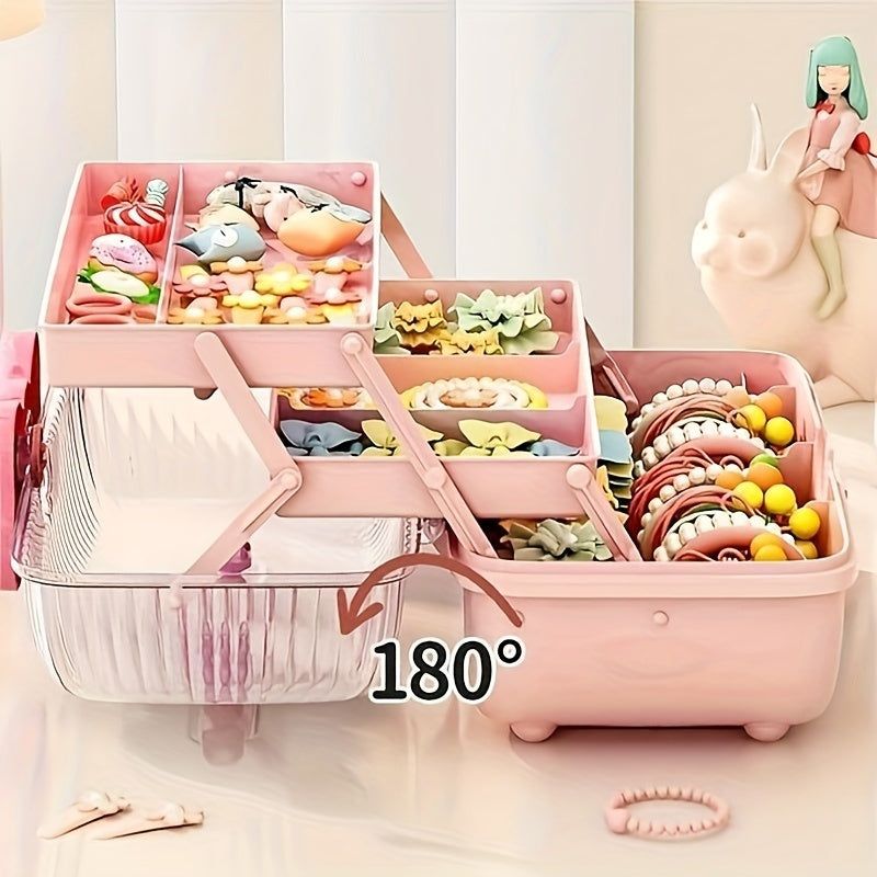 Chic Bow-Adorned 3-Layer Hair Accessory Organizer - Large, Lockable & Foldable Storage Box for Girls