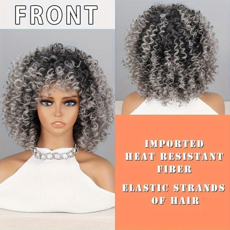 Elegant Black Grey Gradient Water Wave Wig for Women, 14 Inch, High Temperature Fiber, Basic Style, 130% Density, Comfortable Rose Net Cap, Synthetic Curly Short Wig with for Christmas Halloween Parties