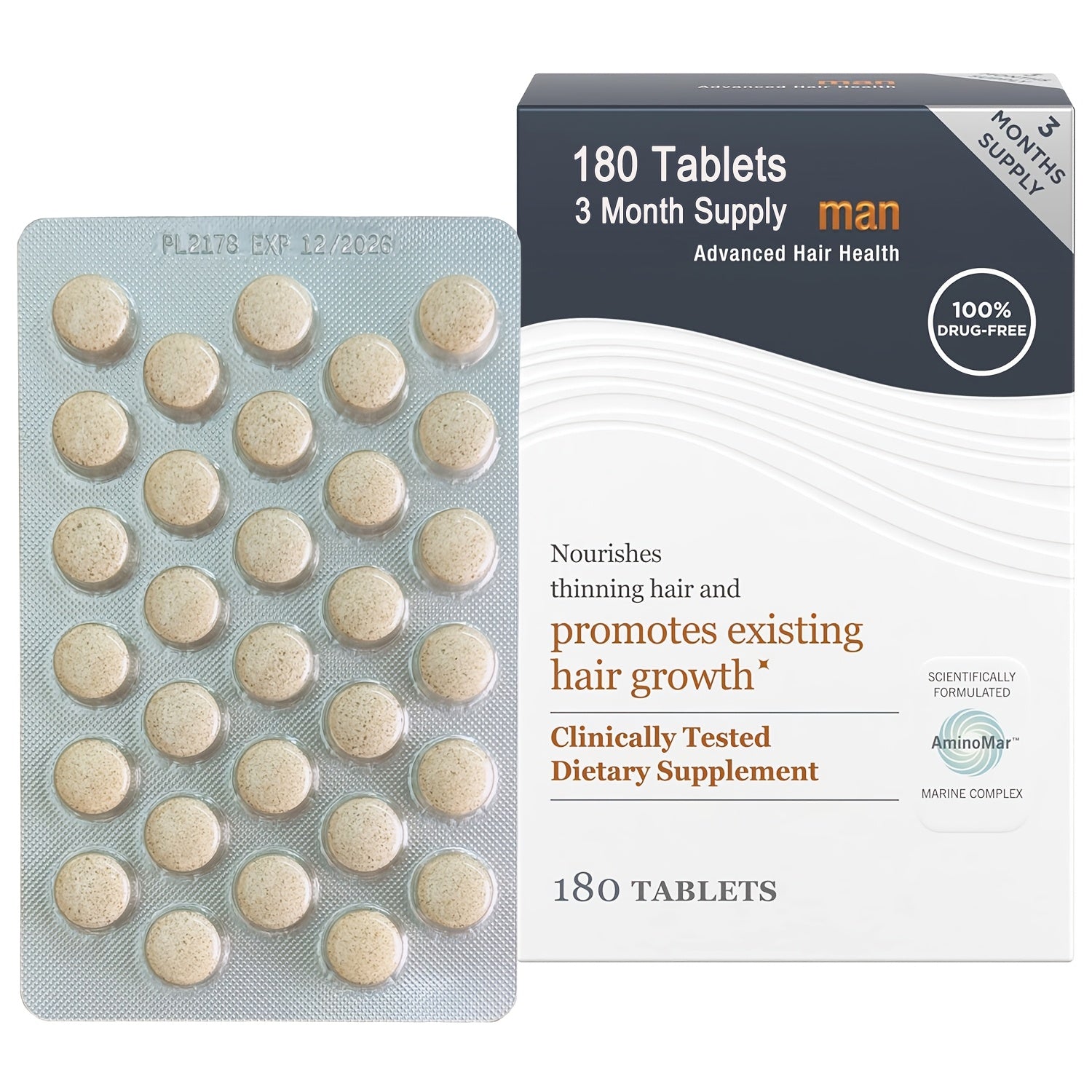 Hair Growth Supplements For Men, Hair Growth Product With Proprietary Collagen Complex, Results Of Thicker, Fuller Hair 180 Tablets - 3 Month Supply