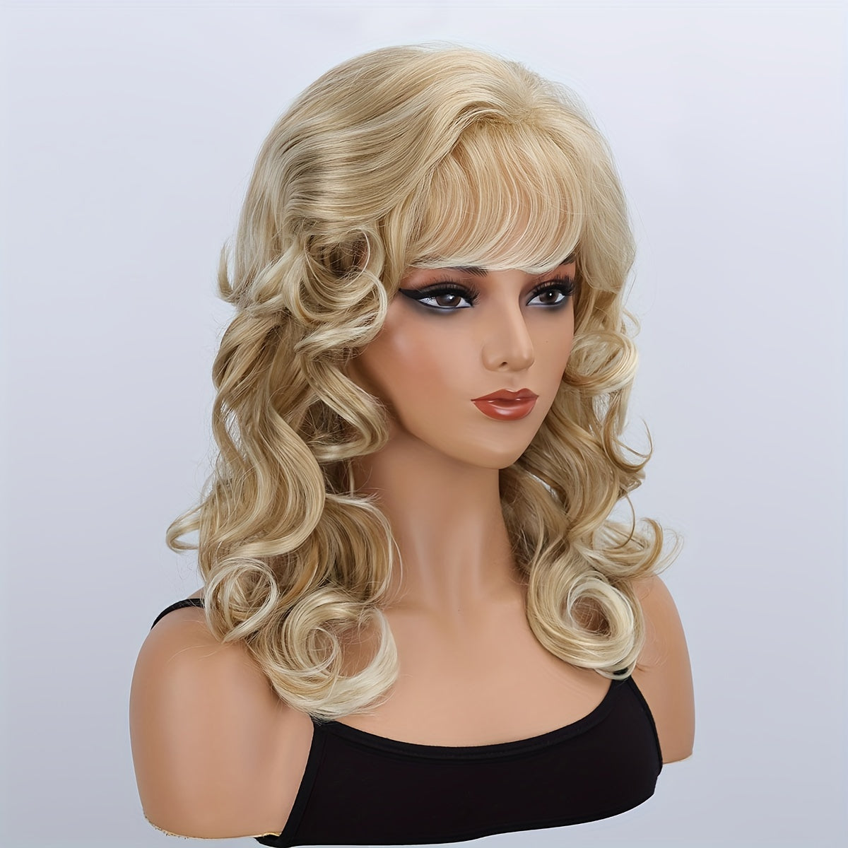 Women's Fashion Curly Wave Wig with Bangs - High Temperature Fiber, Basic 18-Inch Long Golden Synthetic Hairpiece, Breathable Rose Net Cap, 150% Density, Versatile for Daily Wear and Halloween Parties