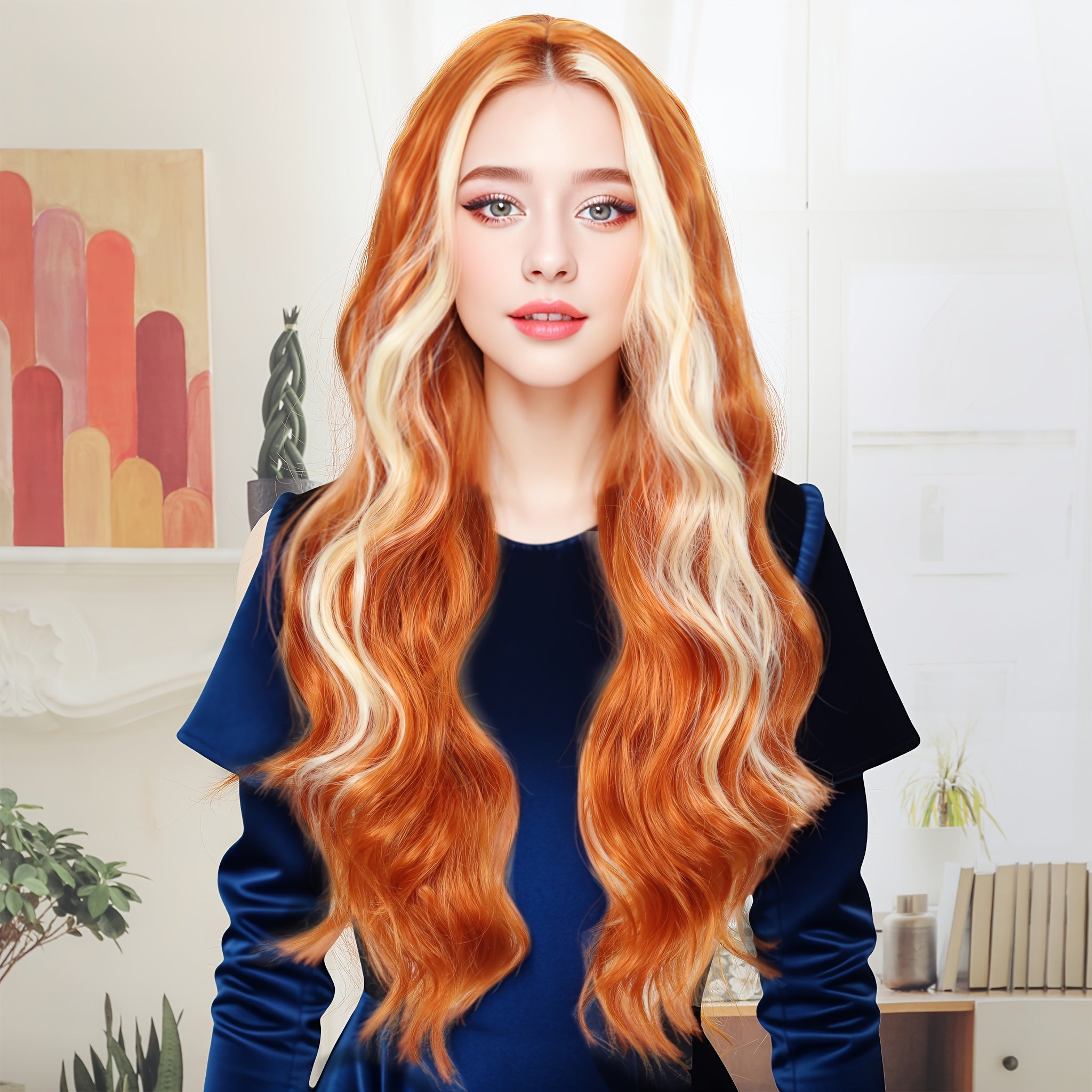 Women's Velvet Lace Front Wig, Orange & White Two-Tone Body Wave Curly Synthetic Hair with Transparent Lace Middle Part, Heat Resistant Fiber for Daily Wear, Parties, and Festivals, Synthetic Lace Front Wig