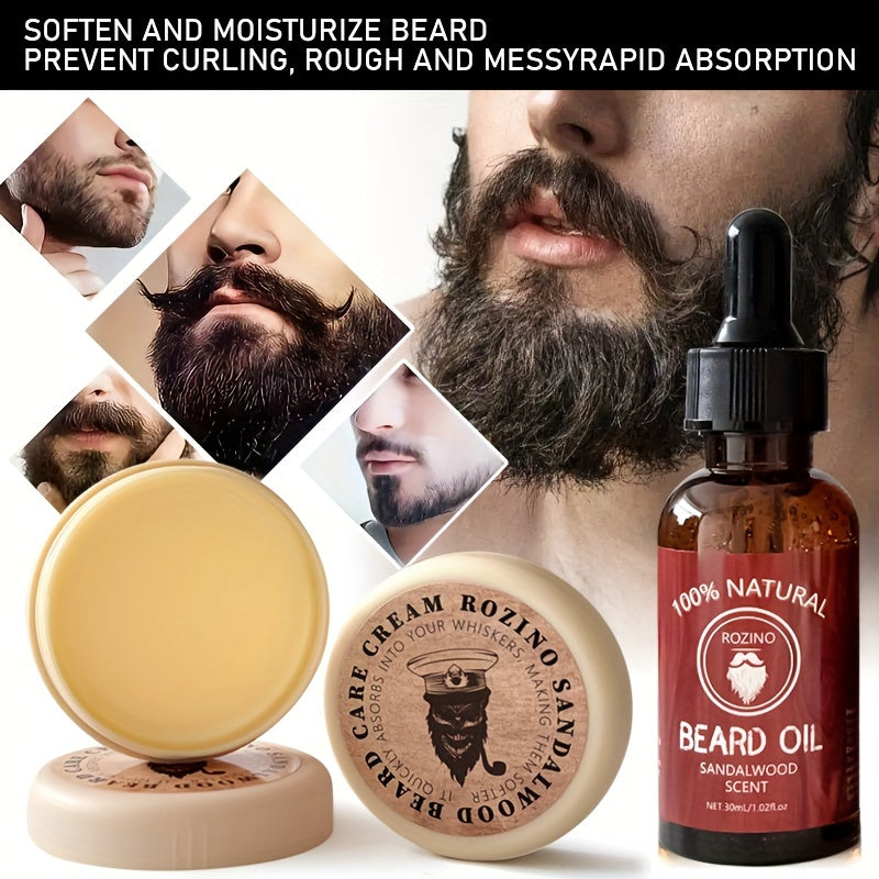 ROZINO 3pcs Beard Care Set: 100% Natural Sandalwood Scented Cream, Moisturizing Serum & Balm - Hypoallergenic, Deep Cleansing & Nourishing, Easy to Use for a Shiny, Healthy Beard, Beard Grooming Kit
