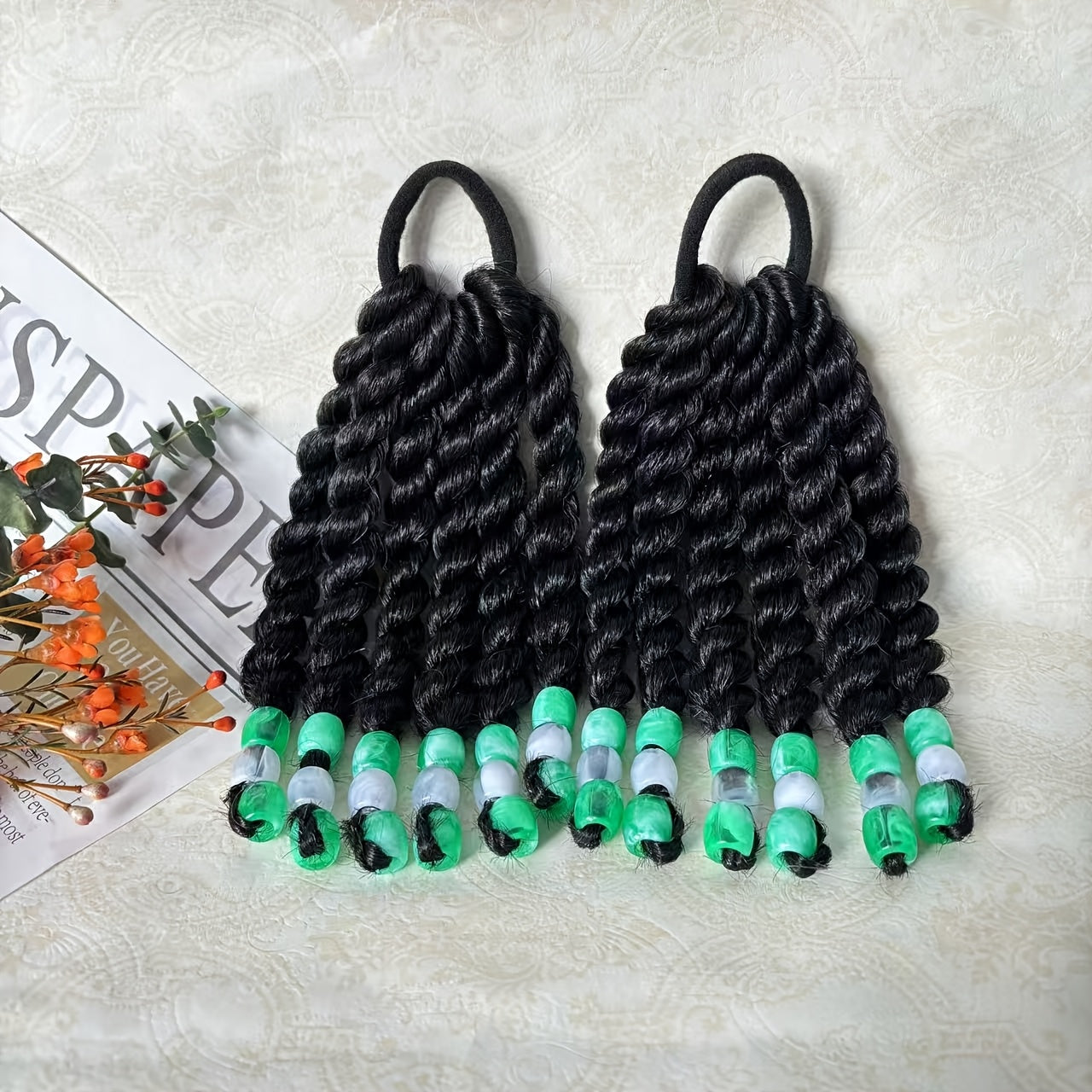 2pcs Set, 6-Inch Fluffy Short Ponytail Hair Extensions with Colorful Beads - Loose Curly Style, Heat-Resistant Synthetic Fiber