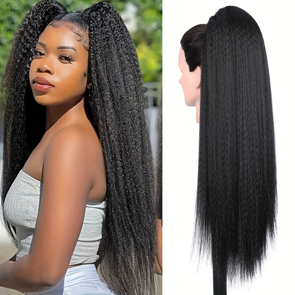 28 Inch Synthetic Yaki Hair Drawstring Ponytail, Long Black Straight Clip in Hair Extensions, Fluffy Yaki Hairpiece for Daily Use