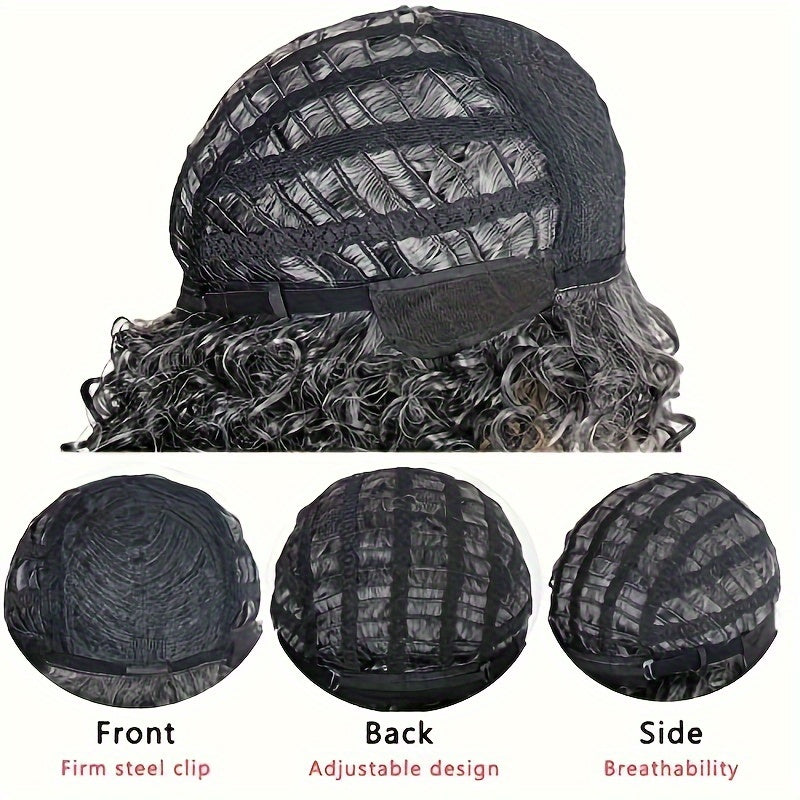 Elegant Black Grey Gradient Water Wave Wig for Women, 14 Inch, High Temperature Fiber, Basic Style, 130% Density, Comfortable Rose Net Cap, Synthetic Curly Short Wig with for Christmas Halloween Parties