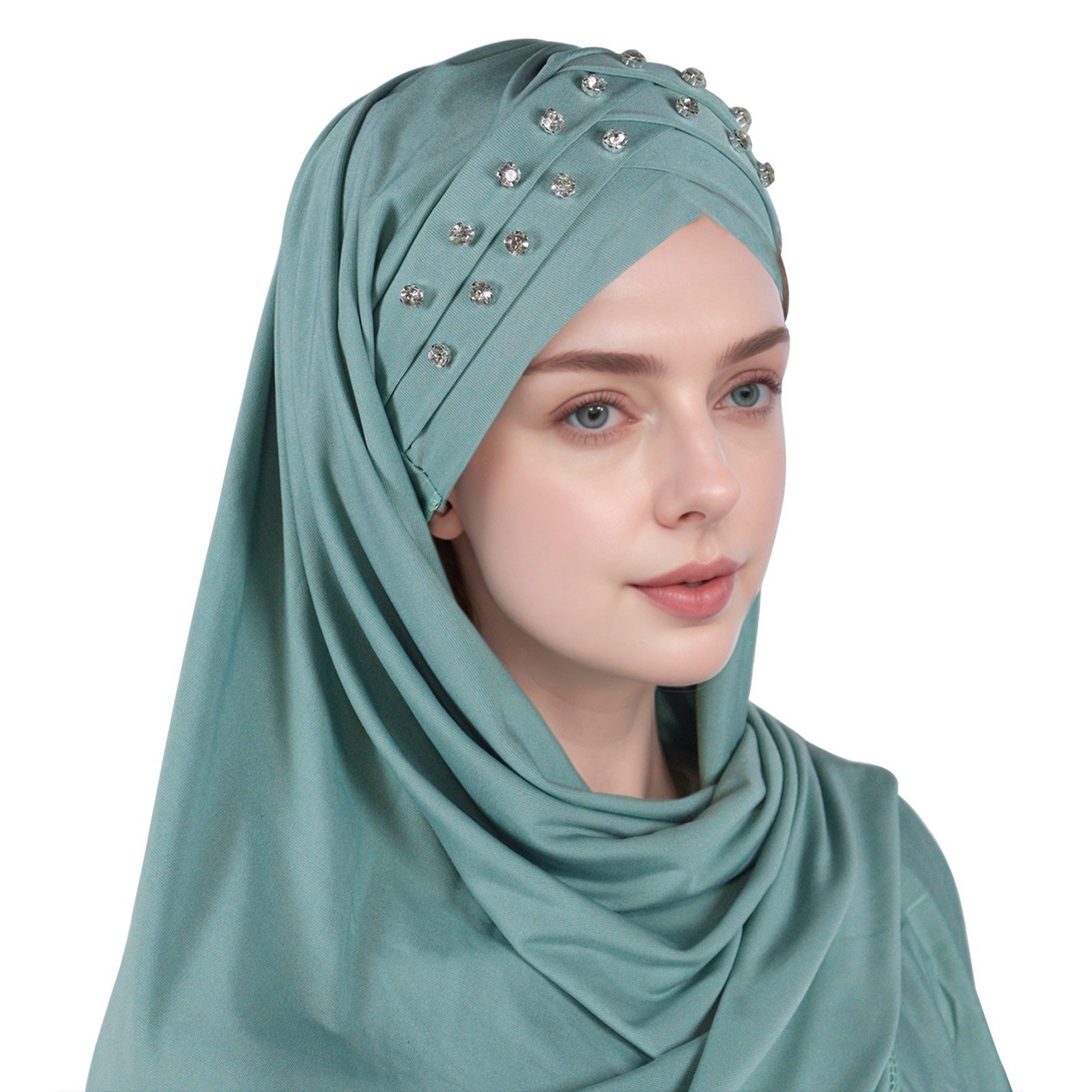 1pc Elegant Women's Polyester Hijab Scarf with Crystal Embellishments, Forehead Cross Design, Fashionable Long Shawl Head Wrap for All Seasons, Head Scarf