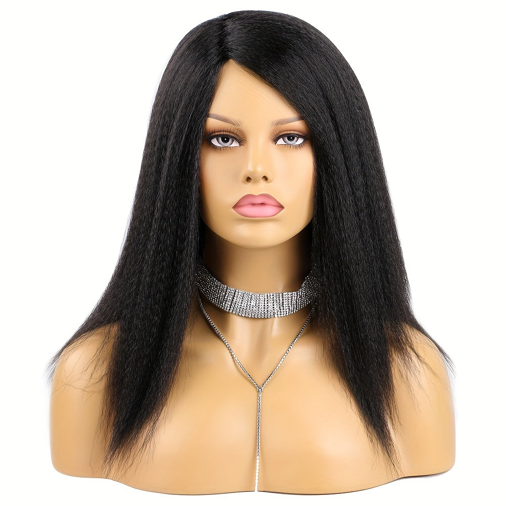 180% Density Elegant Yaki Straight Wig for Women, Synthetic Kinky Afro Hair, Medium Length 14inch, Elastic Net Cap, Natural Look, Suitable for African Women