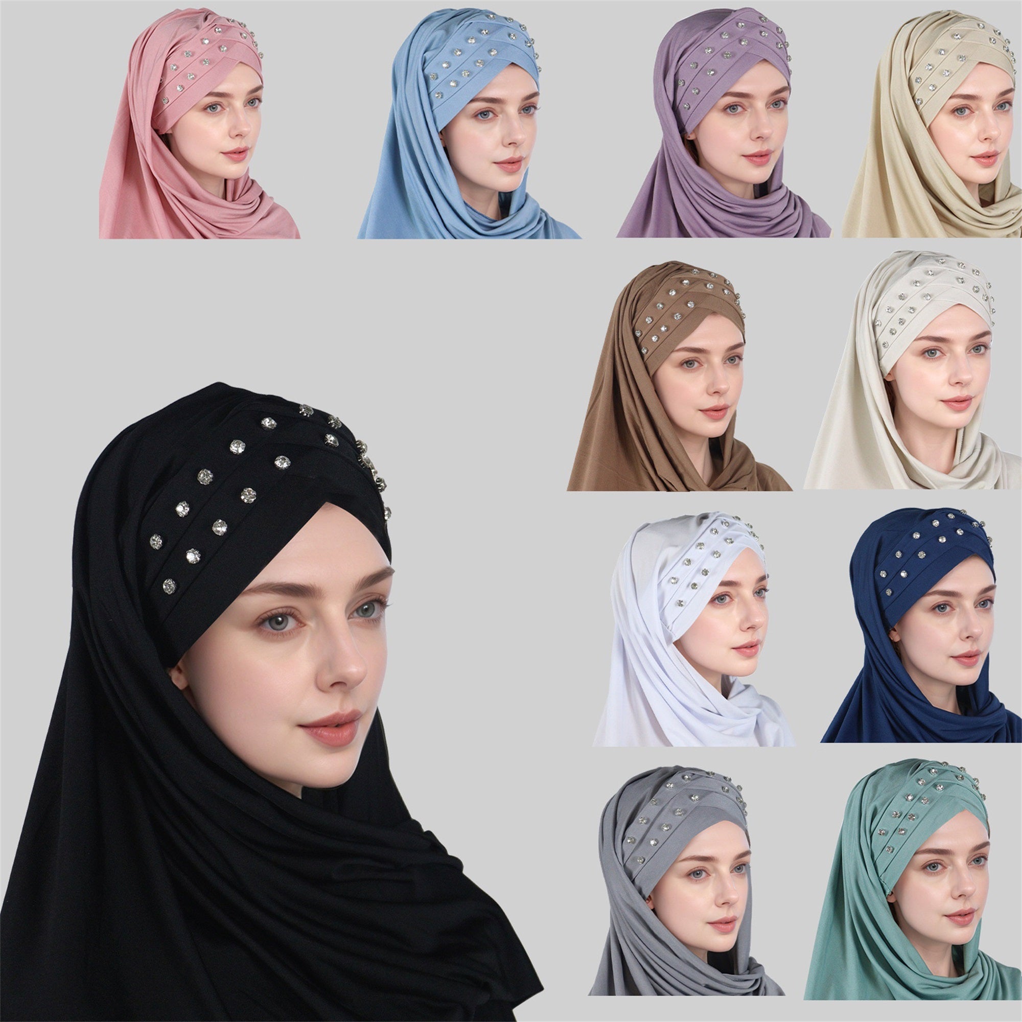 1pc Elegant Women's Polyester Hijab Scarf with Crystal Embellishments, Forehead Cross Design, Fashionable Long Shawl Head Wrap for All Seasons, Head Scarf