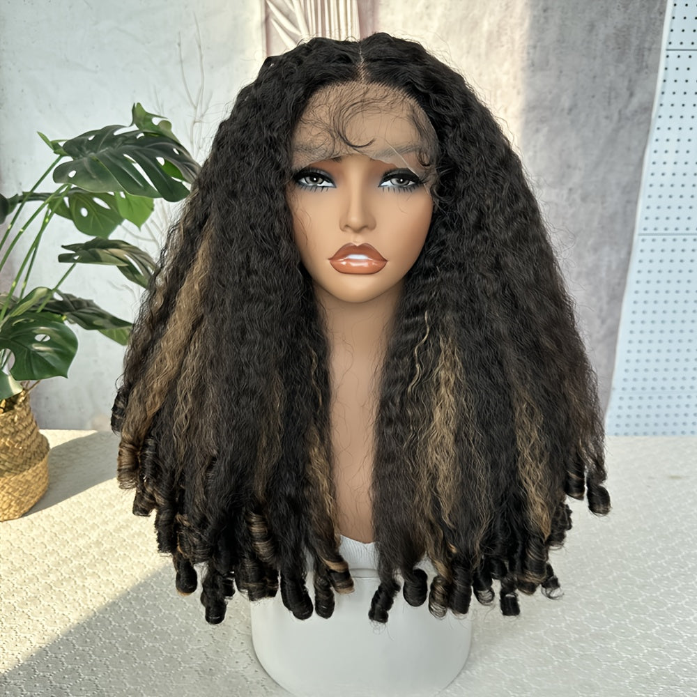 Afro Curly Kinky Front Lace Wig for Women, Brown, 22.0inch, High Temperature Fiber, 150% Density, 13*4*1 Lace Area, Transparent Lace Front T-Part, Versatile Curly Ends, Basic Style