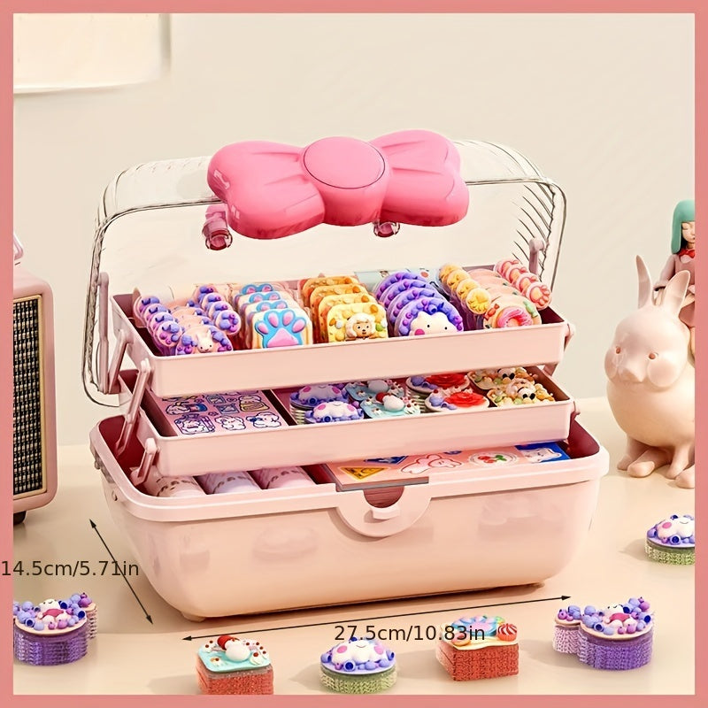 Chic Bow-Adorned 3-Layer Hair Accessory Organizer - Large, Lockable & Foldable Storage Box for Girls