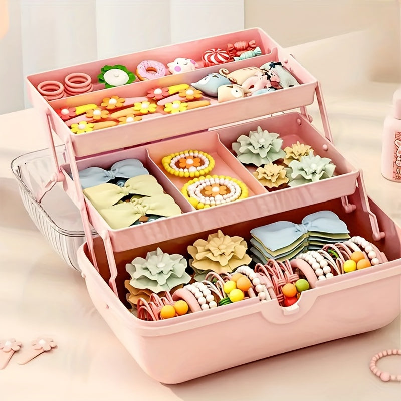 Chic Bow-Adorned 3-Layer Hair Accessory Organizer - Large, Lockable & Foldable Storage Box for Girls