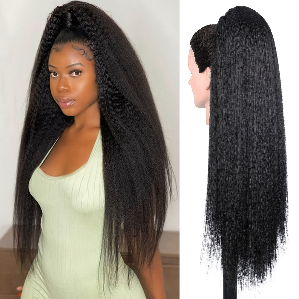 28 Inch Synthetic Yaki Hair Drawstring Ponytail, Long Black Straight Clip in Hair Extensions, Fluffy Yaki Hairpiece for Daily Use