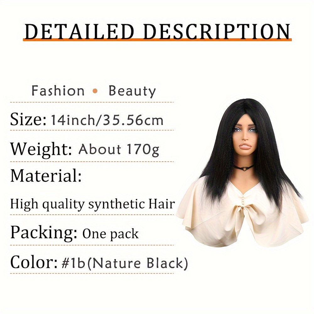 180% Density Elegant Yaki Straight Wig for Women, Synthetic Kinky Afro Hair, Medium Length 14inch, Elastic Net Cap, Natural Look, Suitable for African Women