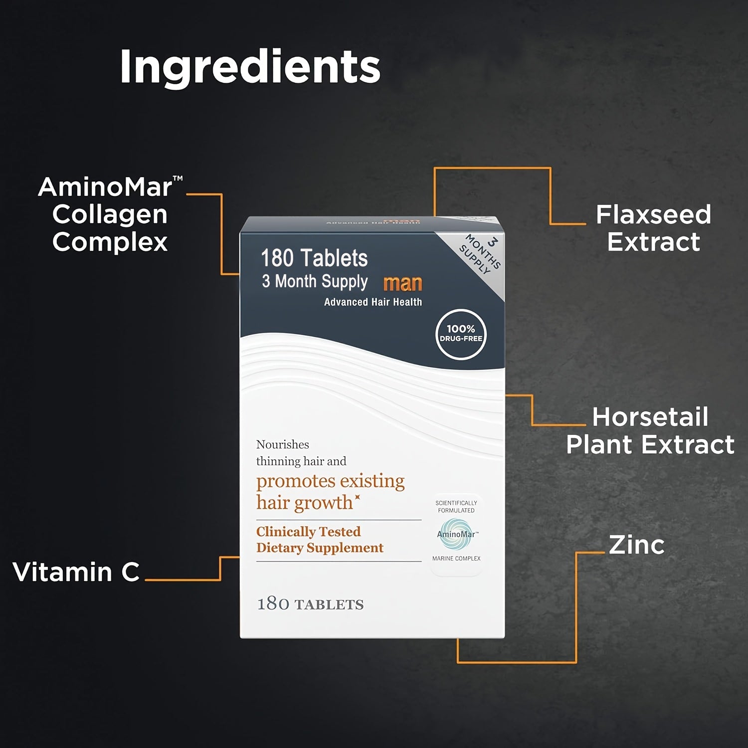 Hair Growth Supplements For Men, Hair Growth Product With Proprietary Collagen Complex, Results Of Thicker, Fuller Hair 180 Tablets - 3 Month Supply