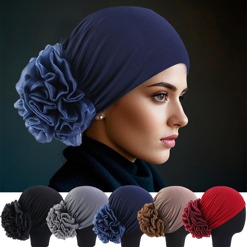 2pcs set Women's Muslim Turban Headscarf Cap - Lightweight Polyester Elastic Head Scarf Hijab with Toggle Closure, Hand-Wash Only, Pre-Tied Flower Ponytail Breathable Woven Head Wrap for All Seasons, Fashionable Outdoor Sport