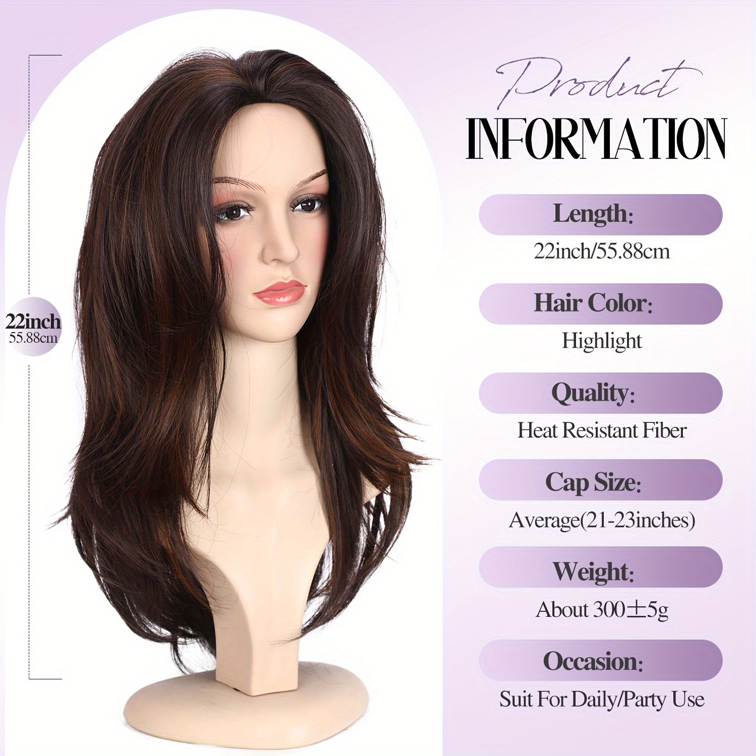 22" Long Straight, Heat Resistant Synthetic Wig