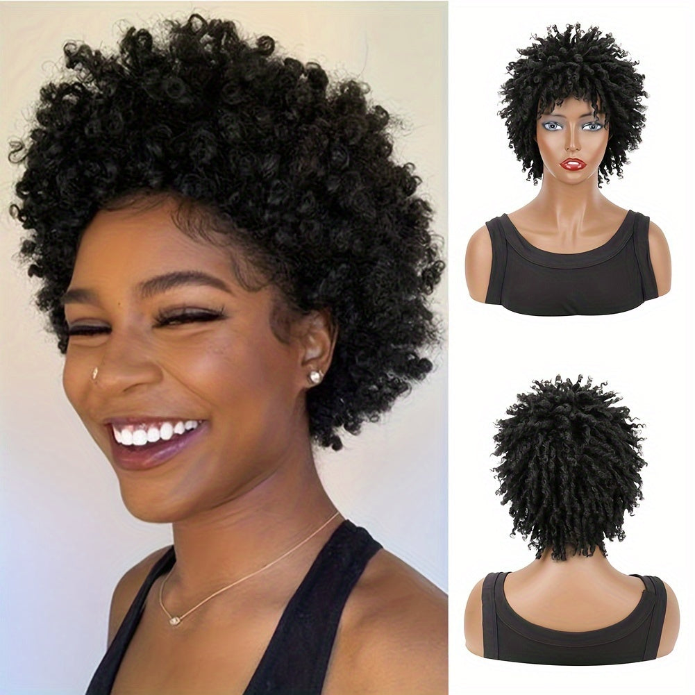 Short Afro Curly Dreadlock Wig - Voluminous Twist Braids Style, High-Temperature Synthetic Fiber, for Black Women & Men, Rose Net Cap, Natural Look with Curly Ends, Hair Wig | Dreadlock Twist Wig | Hightemperature Wig