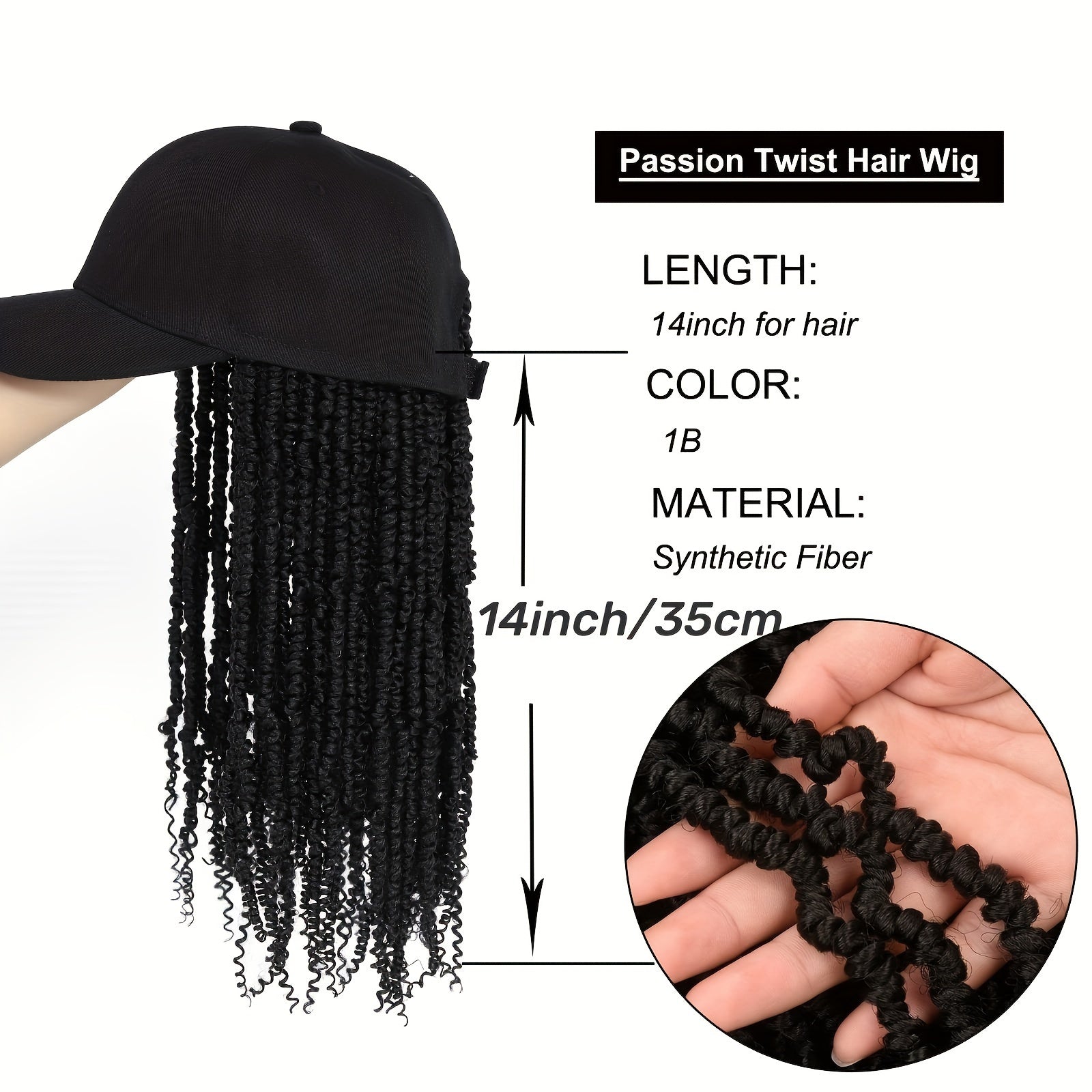 Afro Curly/Kinky Style 14" Baseball Cap Wig - Synthetic Fiber, Long Braids for Women