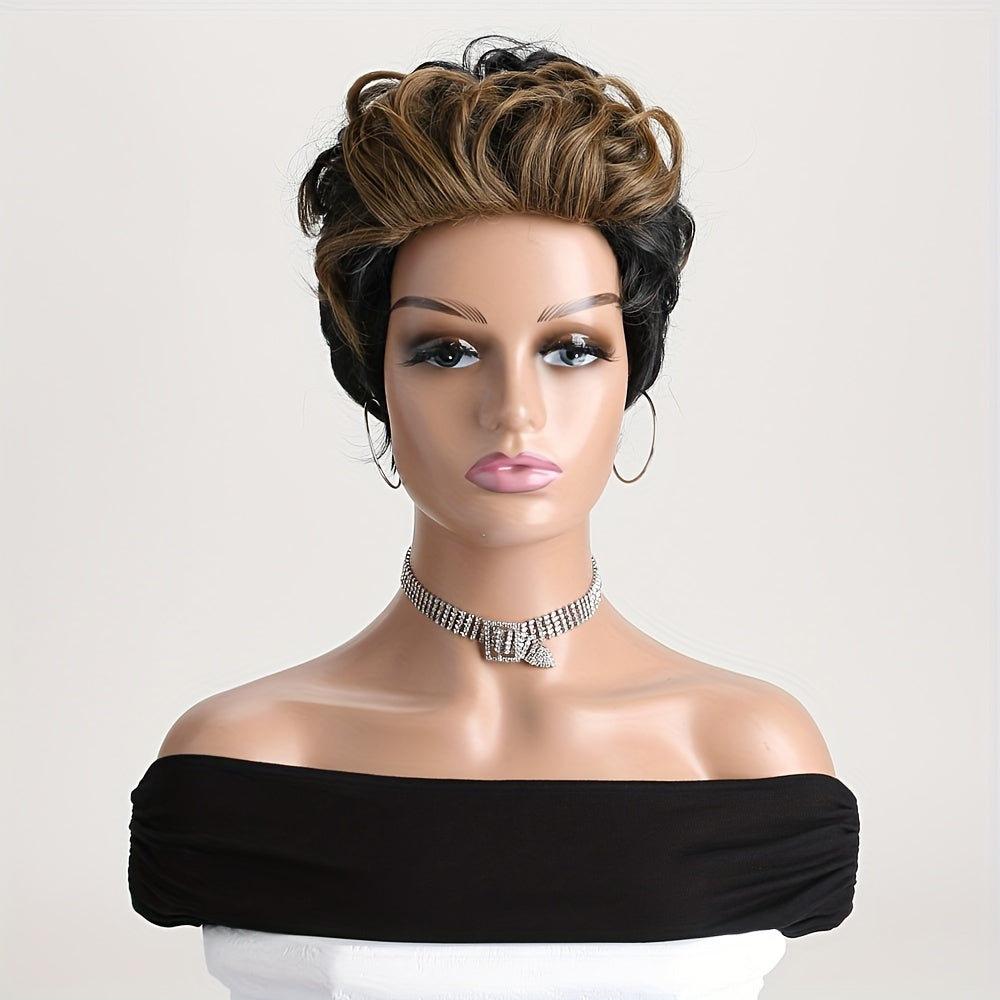 A Fashionable And Naturally Fluffy 10-Inch Black And Brown Mixed Wig for Black Women, Made of Synthetic Fibers with Curled Bangs, Suitable for Daily Wear, Role-Playing, Holiday Parties, And Halloween Costumes.
