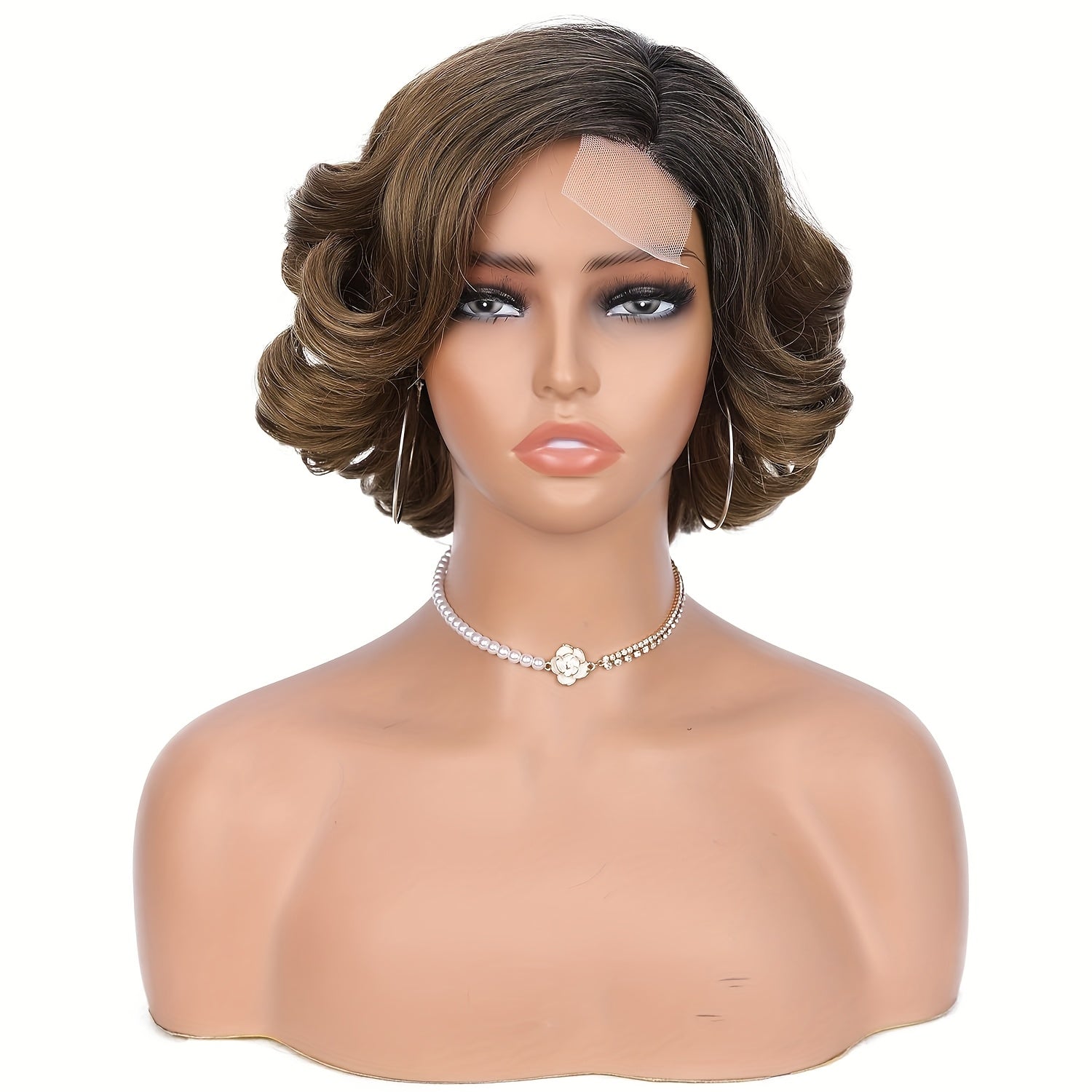 Stunning 16-Inch Loose Wave Bob Wig - High-Temperature Fiber Synthetic Curly Hair with 4x1 Lace Area for Secure Fit - Versatile Body Wave Style for Daily Wear and Glamorous Parties