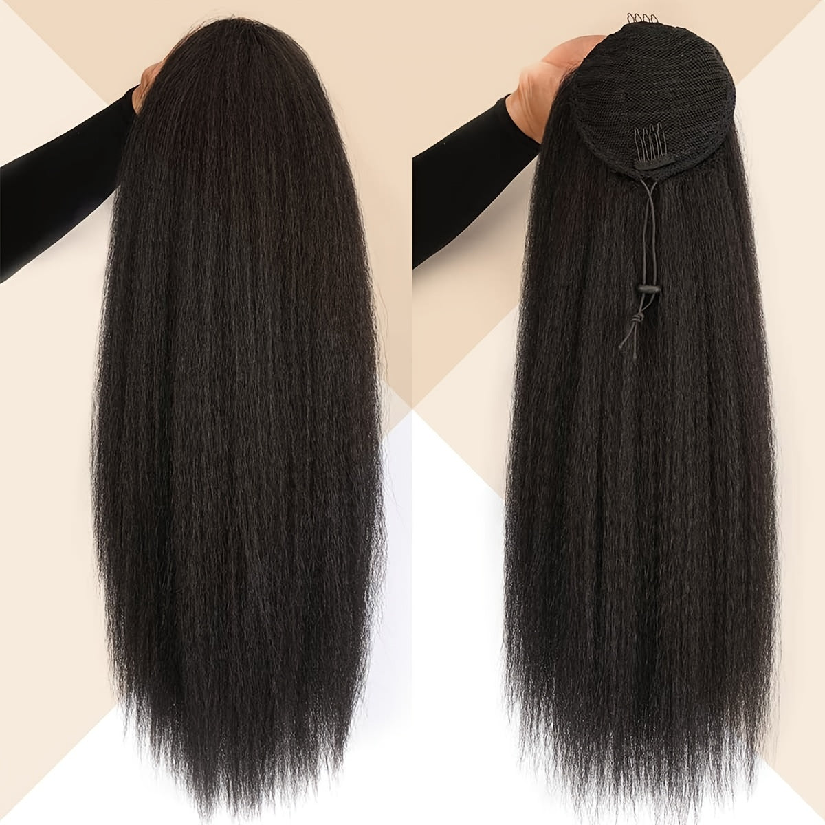 28 Inch Synthetic Yaki Hair Drawstring Ponytail, Long Black Straight Clip in Hair Extensions, Fluffy Yaki Hairpiece for Daily Use