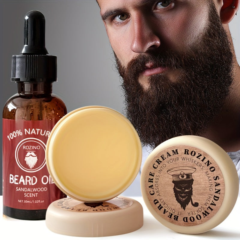 ROZINO 3pcs Beard Care Set: 100% Natural Sandalwood Scented Cream, Moisturizing Serum & Balm - Hypoallergenic, Deep Cleansing & Nourishing, Easy to Use for a Shiny, Healthy Beard, Beard Grooming Kit