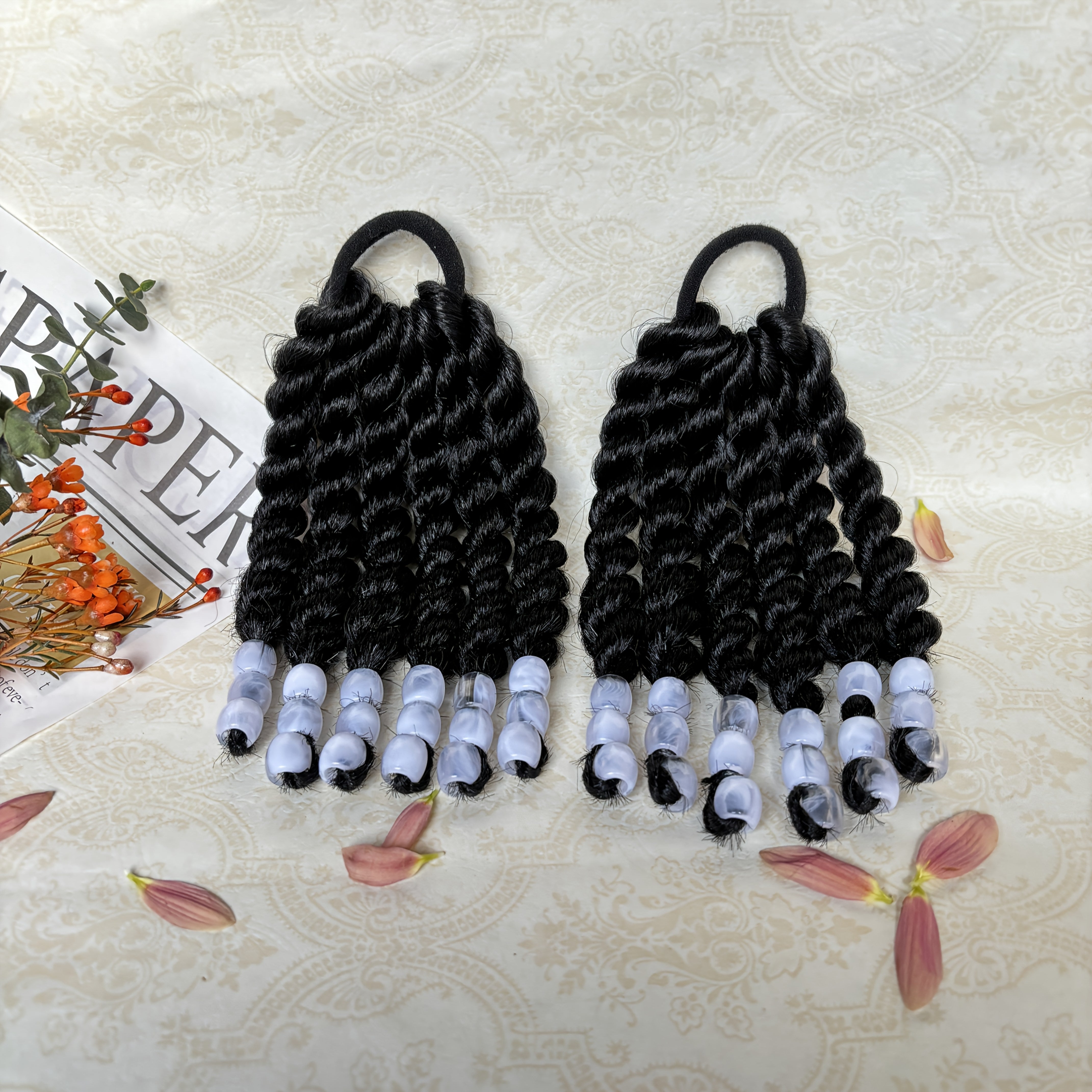 2pcs Set, 6-Inch Fluffy Short Ponytail Hair Extensions with Colorful Beads - Loose Curly Style, Heat-Resistant Synthetic Fiber