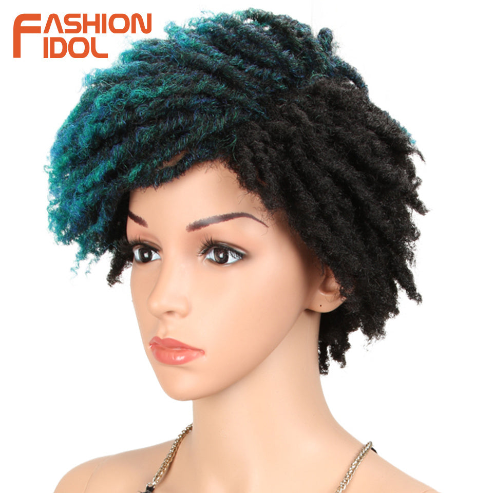 FASHION IDOL 10" Ombre Blue Blonde Afro Kinky Curly Wig with Bangs - Synthetic Dreadlock Wig for Women, High-Temperature Fiber, Short Style for Cosplay & Casual Attire, Wig Accessories