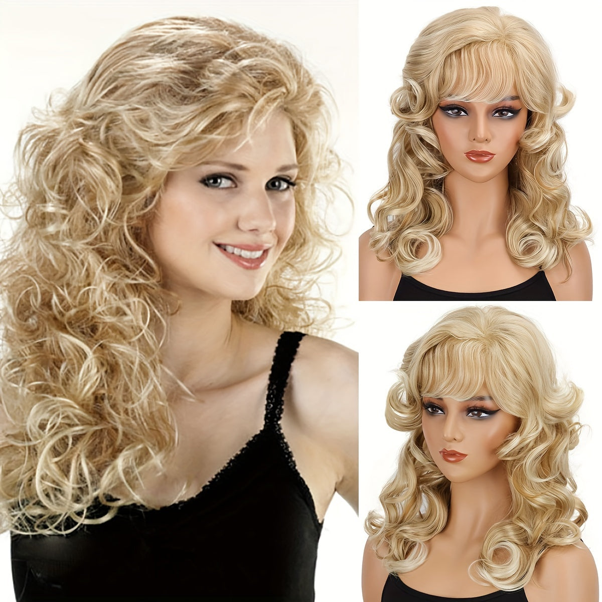 Women's Fashion Curly Wave Wig with Bangs - High Temperature Fiber, Basic 18-Inch Long Golden Synthetic Hairpiece, Breathable Rose Net Cap, 150% Density, Versatile for Daily Wear and Halloween Parties