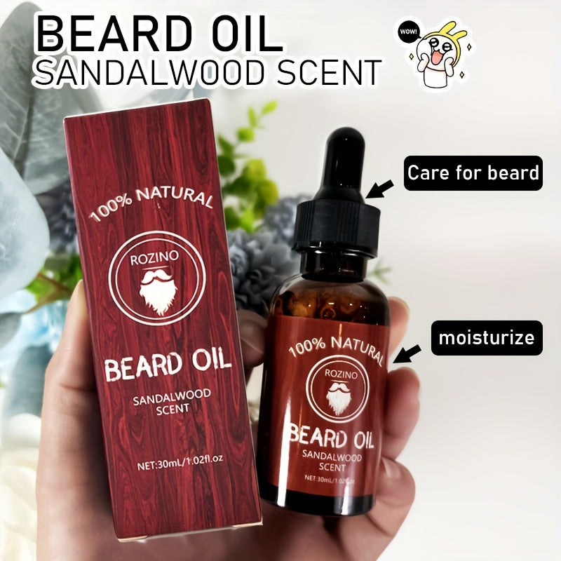 ROZINO 3pcs Beard Care Set: 100% Natural Sandalwood Scented Cream, Moisturizing Serum & Balm - Hypoallergenic, Deep Cleansing & Nourishing, Easy to Use for a Shiny, Healthy Beard, Beard Grooming Kit