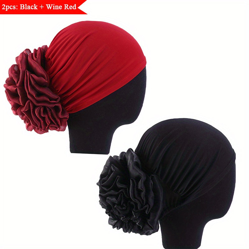 2pcs set Women's Muslim Turban Headscarf Cap - Lightweight Polyester Elastic Head Scarf Hijab with Toggle Closure, Hand-Wash Only, Pre-Tied Flower Ponytail Breathable Woven Head Wrap for All Seasons, Fashionable Outdoor Sport