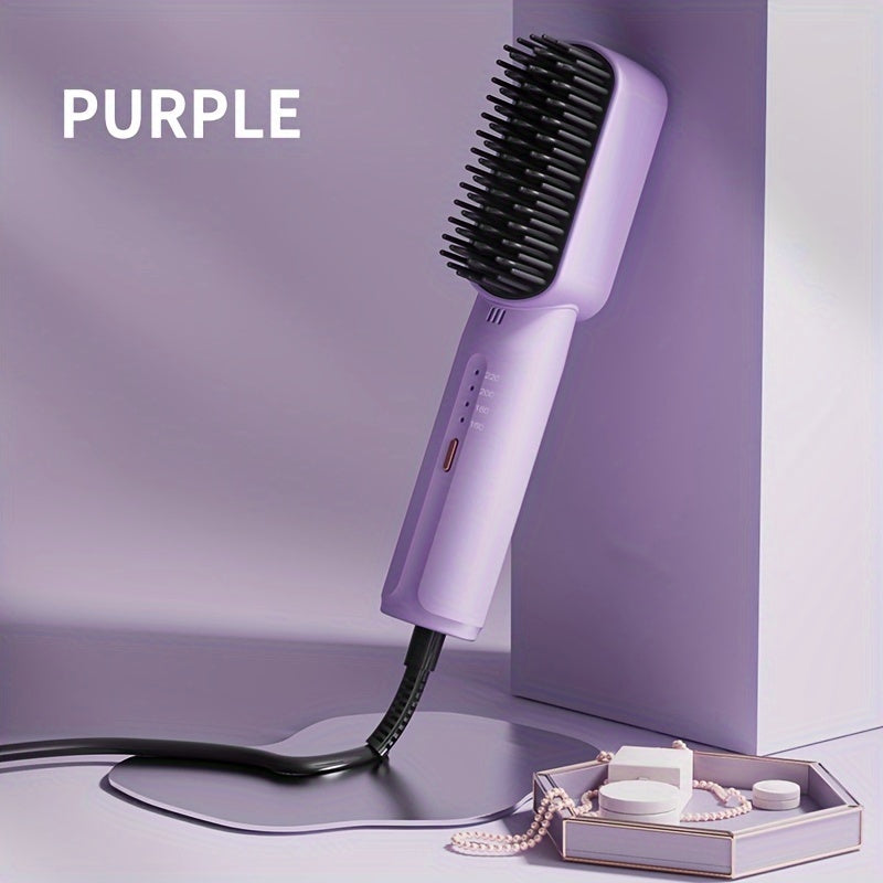 Negative Ion Hair Straightener Brush, 4-Temperature Control, Automatic Shut-Off, Fluffy Volume, Fast Heating, with 59.06-98.43inch Cord, US Plug, for Wet/Dry Hair, 110-130V Power Supply, No Battery Required