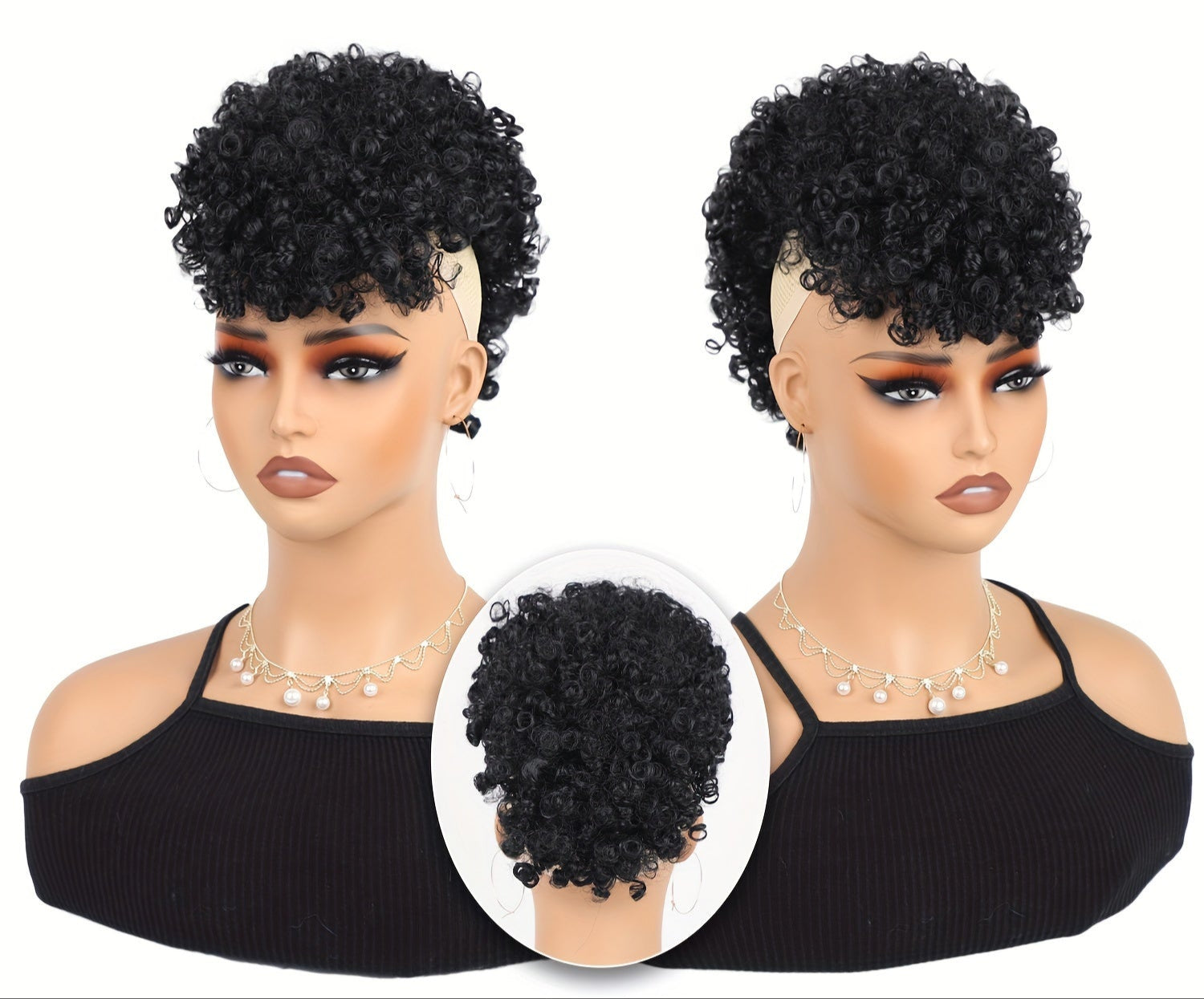 Afro High Puff Hair Bun Ponytail with Drawstring and Bangs