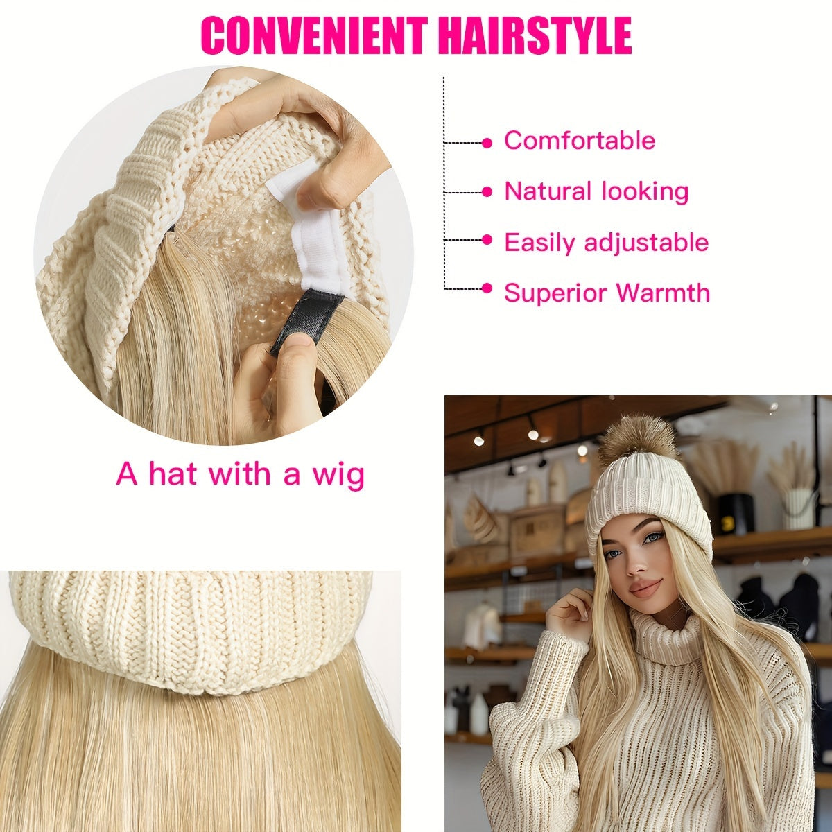 Detachable needle apricot yarn-dyed hat wig, winter thick hat 16 inches