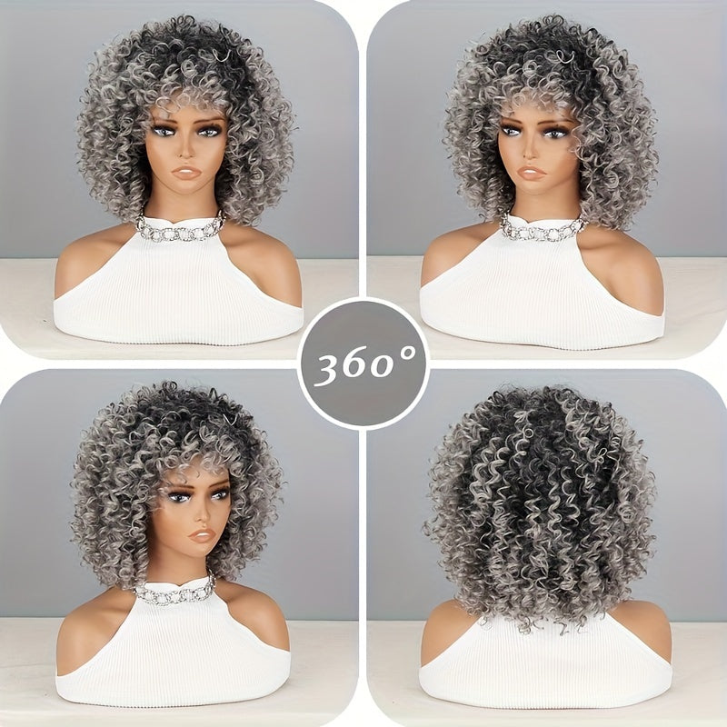 Elegant Black Grey Gradient Water Wave Wig for Women, 14 Inch, High Temperature Fiber, Basic Style, 130% Density, Comfortable Rose Net Cap, Synthetic Curly Short Wig with for Christmas Halloween Parties