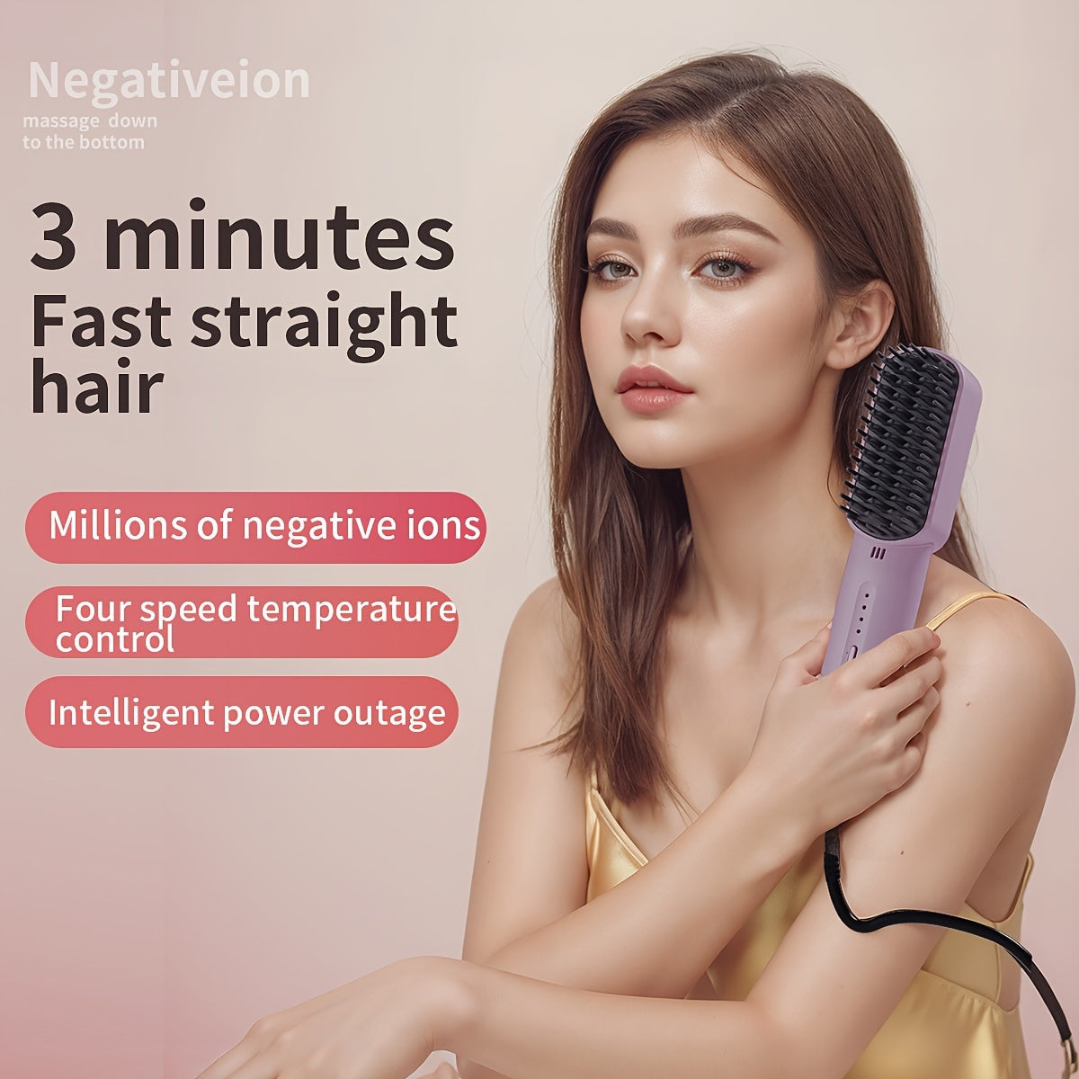 Negative Ion Hair Straightener Brush, 4-Temperature Control, Automatic Shut-Off, Fluffy Volume, Fast Heating, with 59.06-98.43inch Cord, US Plug, for Wet/Dry Hair, 110-130V Power Supply, No Battery Required