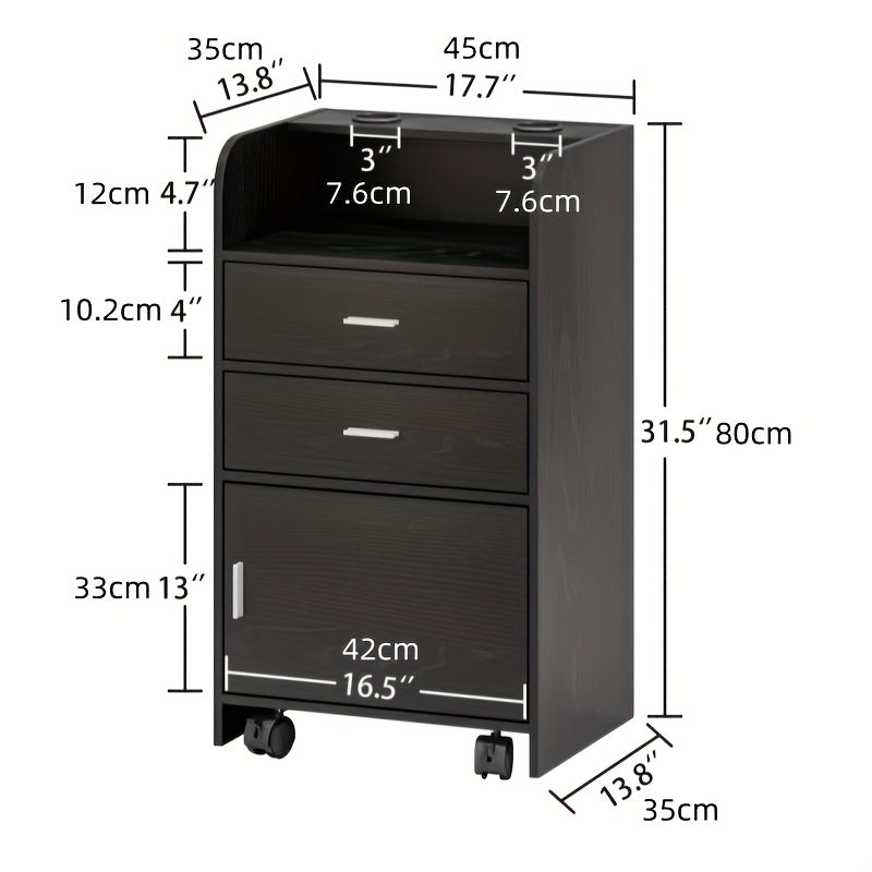 Black Salon Station Storage Cabinet - 2 Drawer Rolling Beauty Station with 2 Hair Dryer Holders Locker for Hair Stylist