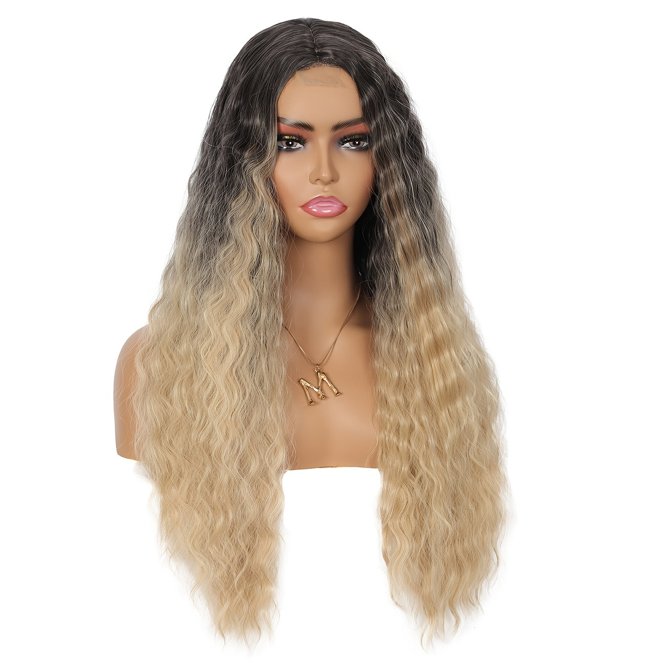 28" Long Water Wave Wig with Milk Grey & Natural Black Ombre - High-Density Synthetic Hair, Lace Front Design