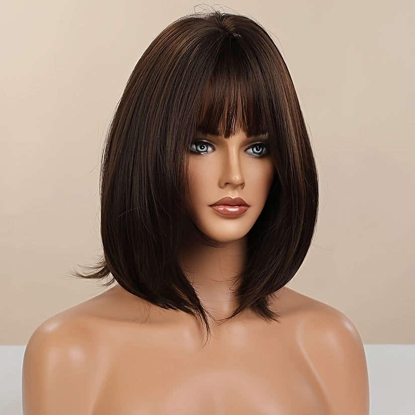 Elegant Brown Straight Synthetic Wig with Bangs for Women - Matte Finish, High-Temperature Resistant, Rose Net Cap, 100% Density