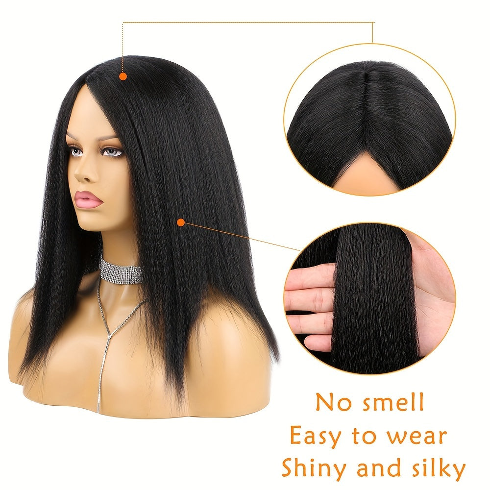 180% Density Elegant Yaki Straight Wig for Women, Synthetic Kinky Afro Hair, Medium Length 14inch, Elastic Net Cap, Natural Look, Suitable for African Women