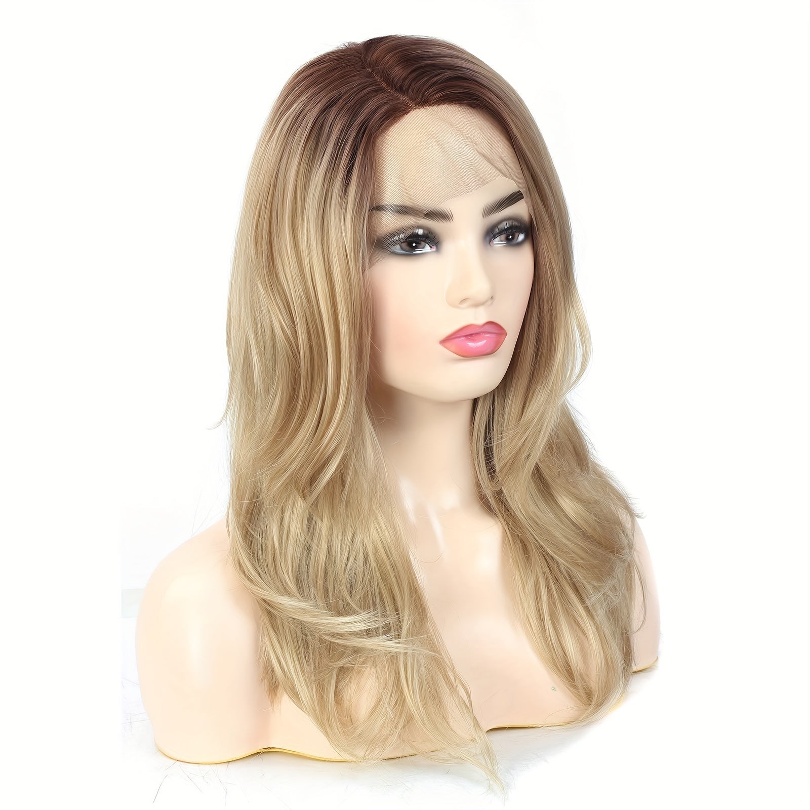 Elegant Lace Front Wig for Women, 20 Inch Ombre Blonde High-Temperature Fiber, 13x4 Inch Lace, 100% Density, Straight Synthetic Hair Wig with Brown Roots - Suitable for All