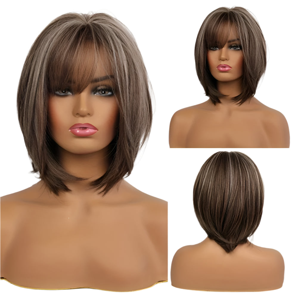 Brown  Highlighted Bob Wig with Bangs for Women