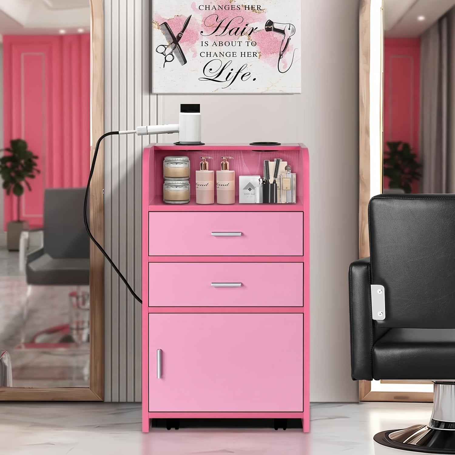 Black Salon Station Storage Cabinet - 2 Drawer Rolling Beauty Station with 2 Hair Dryer Holders Locker for Hair Stylist