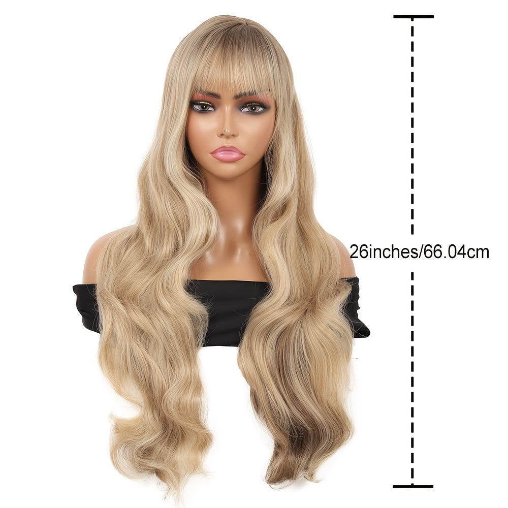 1pc Women'S 26 Inch Loose Wave Wig with Bangs - High Temperature Fiber, Heat-Resistant, 150% Density, Rose Net Cap, Basic Style Synthetic Hair for Daily & Cosplay Use