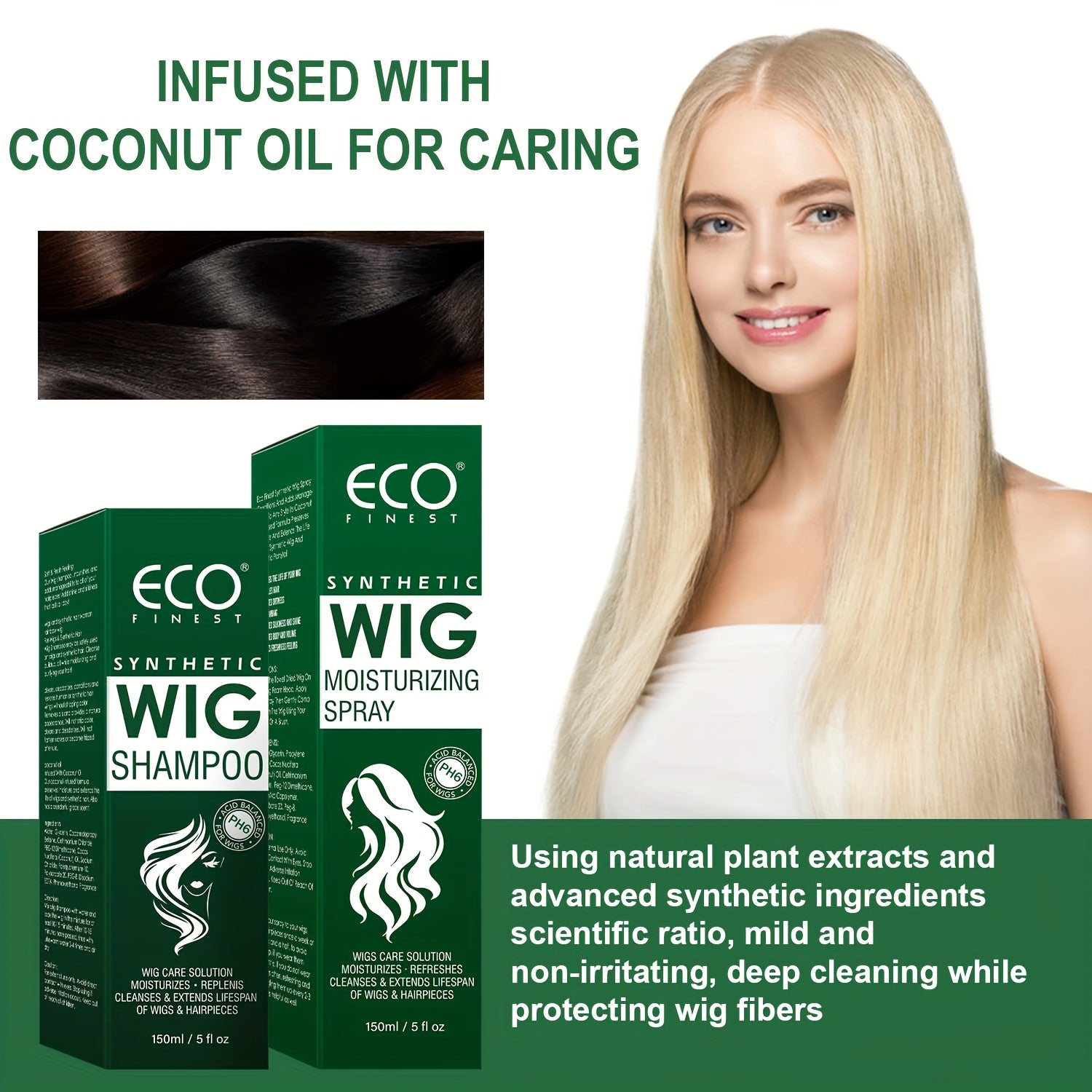 Eco Finest Synthetic Wig Shampoo & Moisturizing Spray - 100ml/3.52oz, Coconut Oil Infused, Hydrates & Smooths, Anti-Frizz, Easy Combing, Extends Wig Life, Ideal for All Wig Types, Wig Care Essentials | Ecofriendly Design | Na