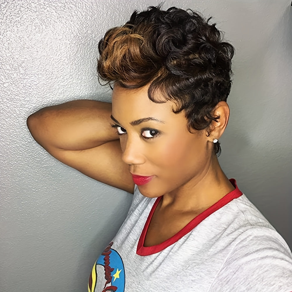 A Fashionable And Naturally Fluffy 10-Inch Black And Brown Mixed Wig for Black Women, Made of Synthetic Fibers with Curled Bangs, Suitable for Daily Wear, Role-Playing, Holiday Parties, And Halloween Costumes.