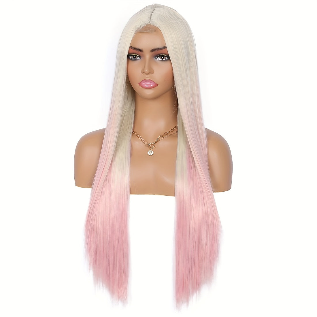 Elegant 28" Long Straight Synthetic Wig for Women - White to Pink Ombre, Middle Part, High-Density 150% with Rose Net Cap, Versatile Styling Options, Ideal for Christmas and Everyday Elegance, Wig Accessories