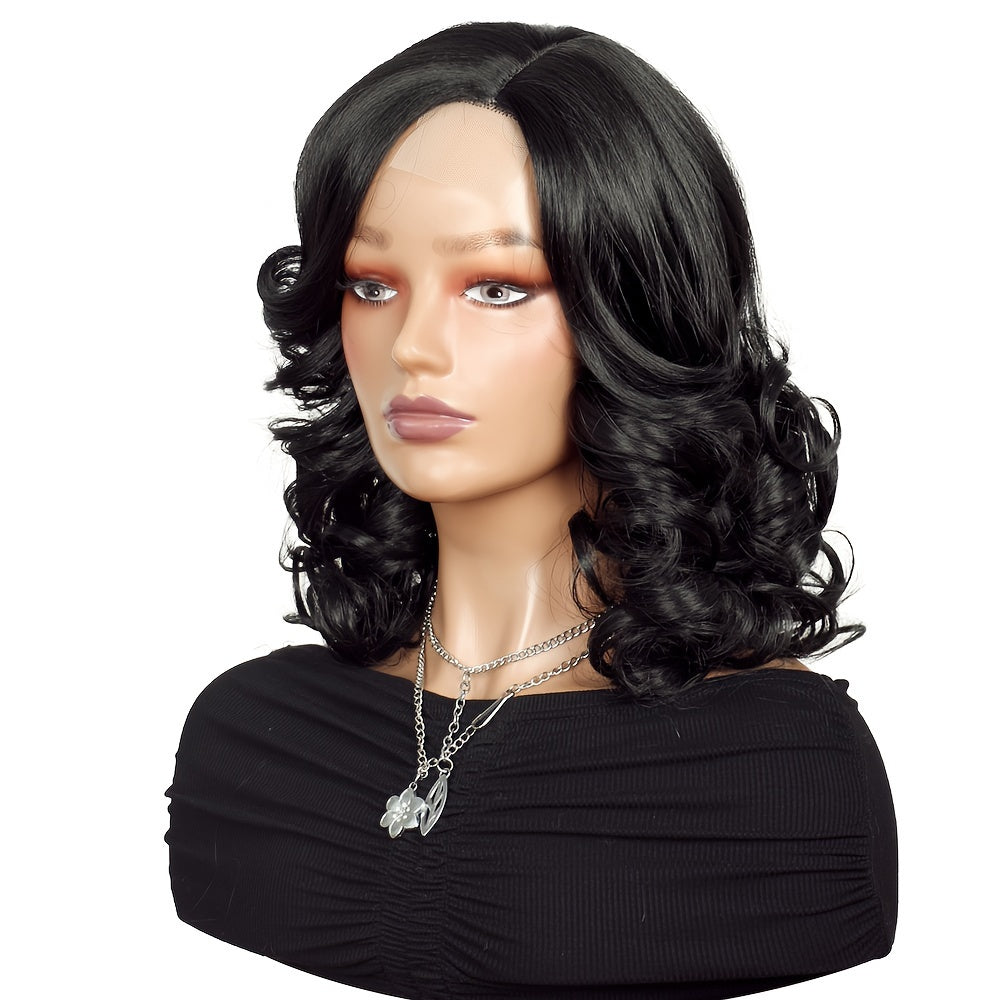 Stunning 16-Inch Loose Wave Bob Wig - High-Temperature Fiber Synthetic Curly Hair with 4x1 Lace Area for Secure Fit - Versatile Body Wave Style for Daily Wear and Glamorous Parties