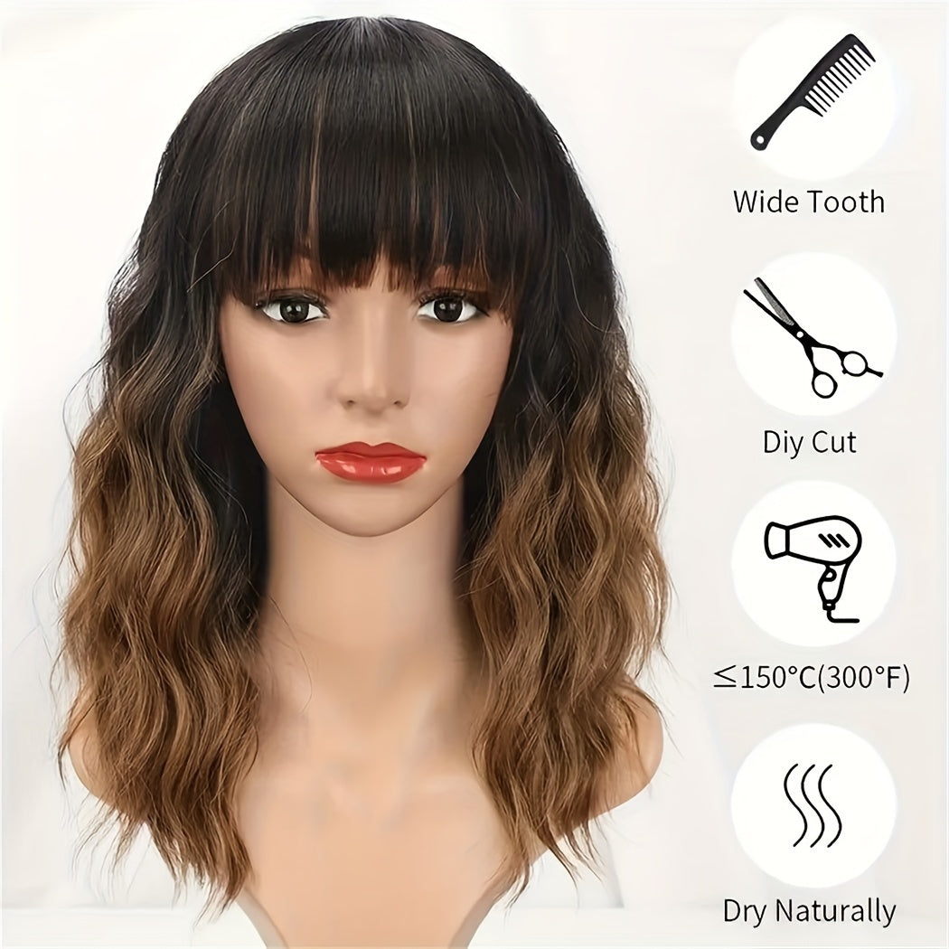 Ombre Brown Bob Wig, Black To Brown, Short Wavy Style With Bangs, Short Bob Synthetic Hair For Women, Shoulder Length, Natural Wavy, Heat ResistantDaily Party Use