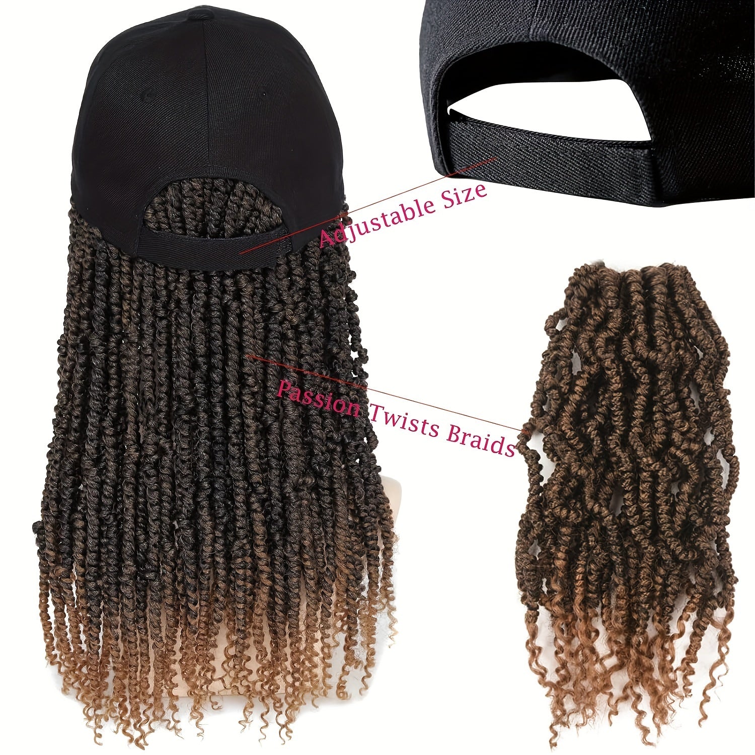 Afro Curly/Kinky Style 14" Baseball Cap Wig - Synthetic Fiber, Long Braids for Women